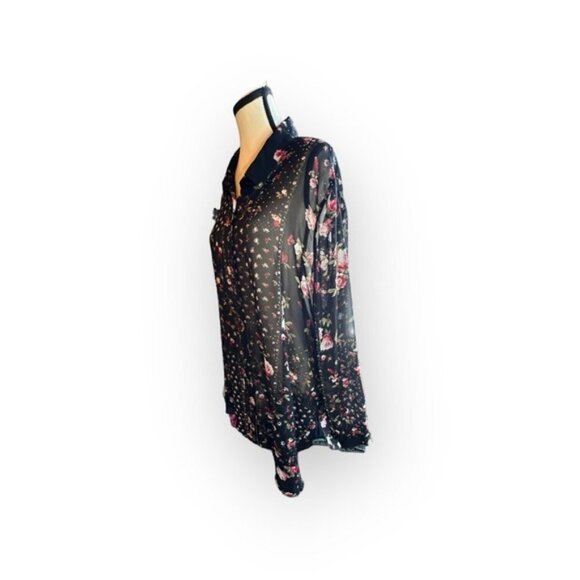 Women’s Reitmans 2x Black Floral Semi Sheer Button Down Long Sleeve Tunic - Picture 2 of 8